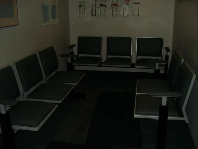 Rows of steel-framed waiting room chairs with upholstered seats along a wall