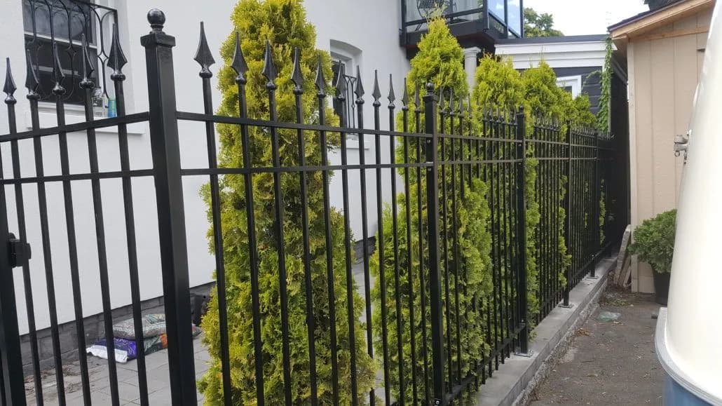 Black spear-top iron fence running between a white house wall and a row of cedars