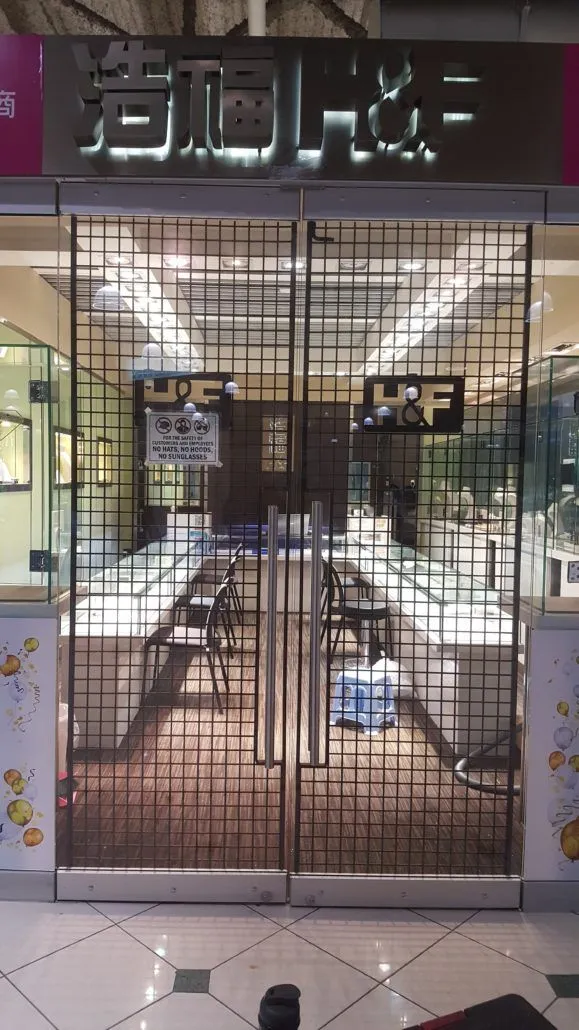 Pair of steel mesh security gates across a storefront entrance, seen from inside