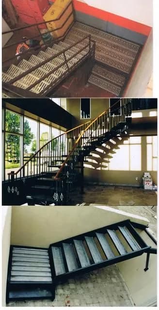 Three photographs showing a grating stair, a curved interior stair, and a steel stair unit in the shop